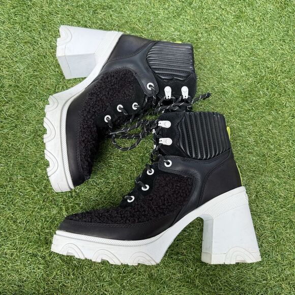 Sorel Brex Ankle Boots Womens Size 9 Lace Up Black Leather Fleece White Heel - Picture 6 of 9